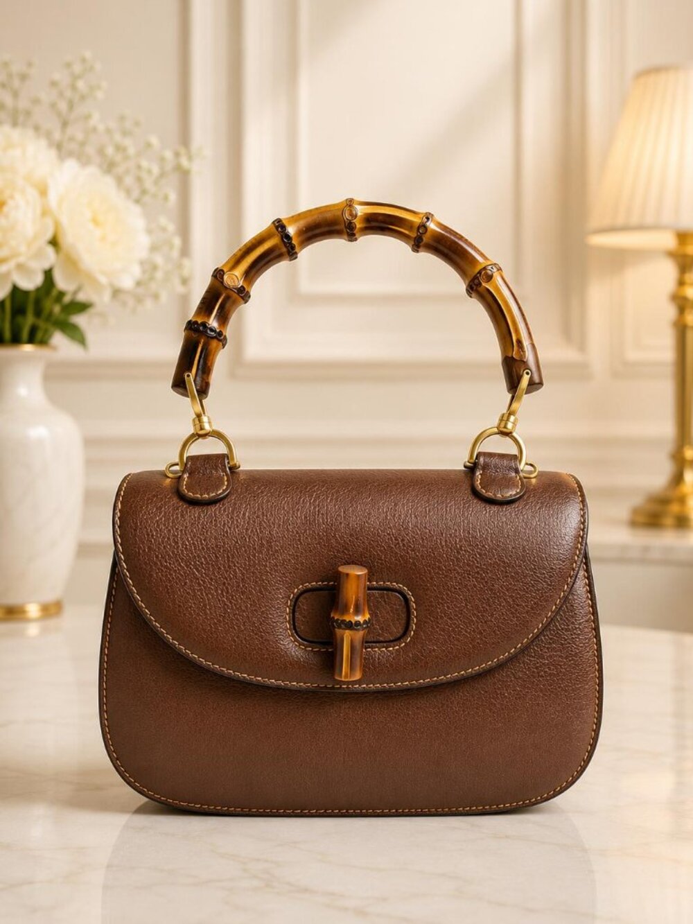 Authentic Gucci Bamboo Top Handle Brown Leather Vintage Bag Handbag Purse
